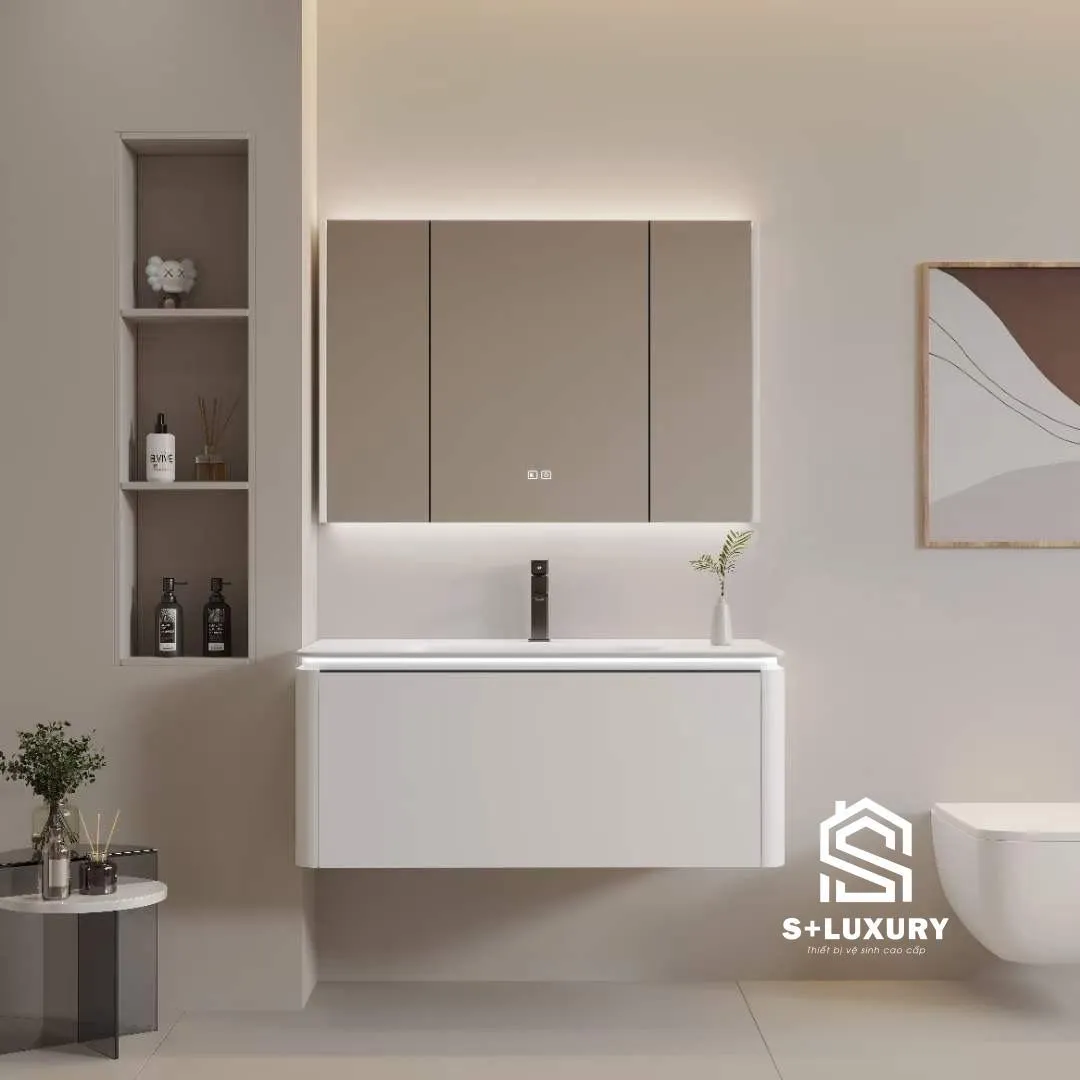 Mẫu tủ chậu đơn giản bo tròn góc kèm tủ gương Mẫu tủ chậu đơn giản bo tròn góc kèm tủ gương